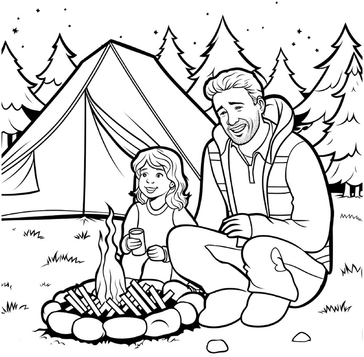 malvorlage-lagerfeuer-mit-papa-und-kind