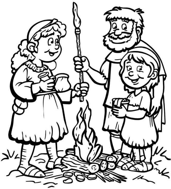 malvorlage-lagerfeuer-mit-steinzeitfiguren