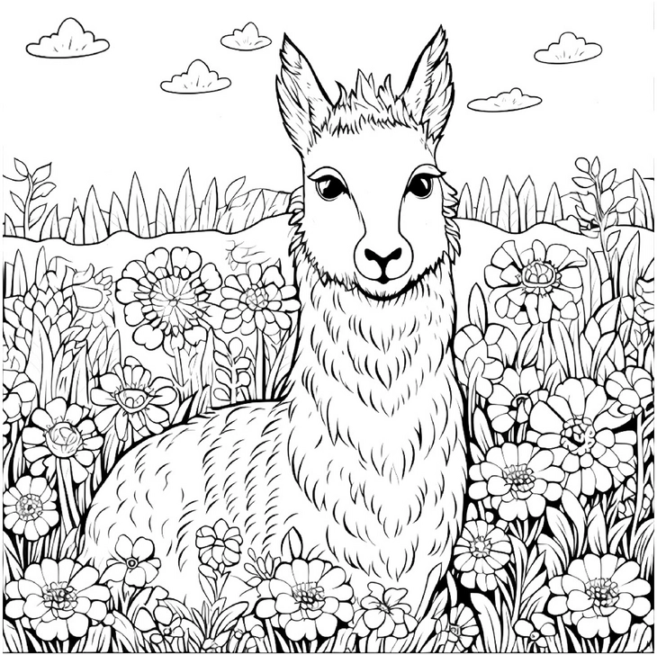 malvorlage-lama-im-blumenfeld