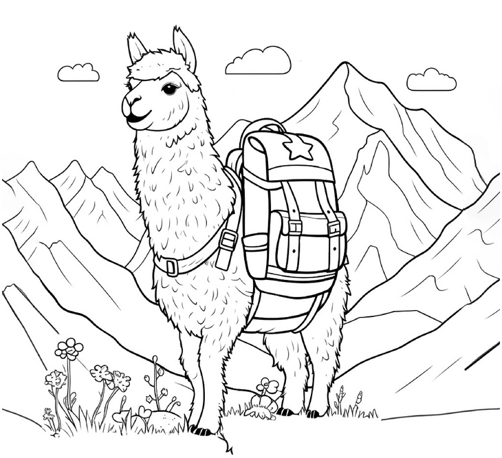 malvorlage-lama-in-berglandschaft-mit-rucksack