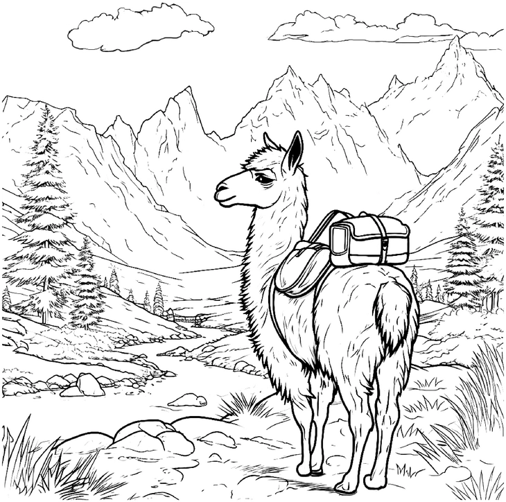 malvorlage-lama-in-berglandschaft