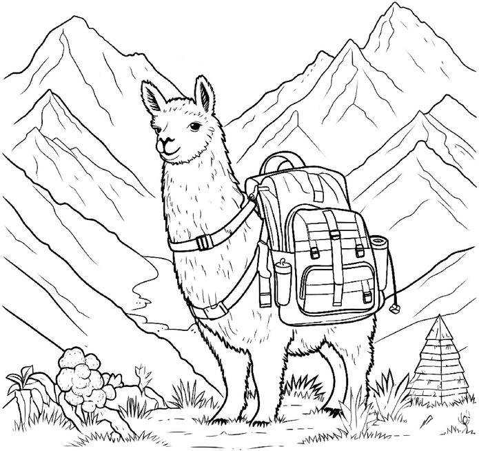 malvorlage-lama-mit-rucksack-in-berglanschaft