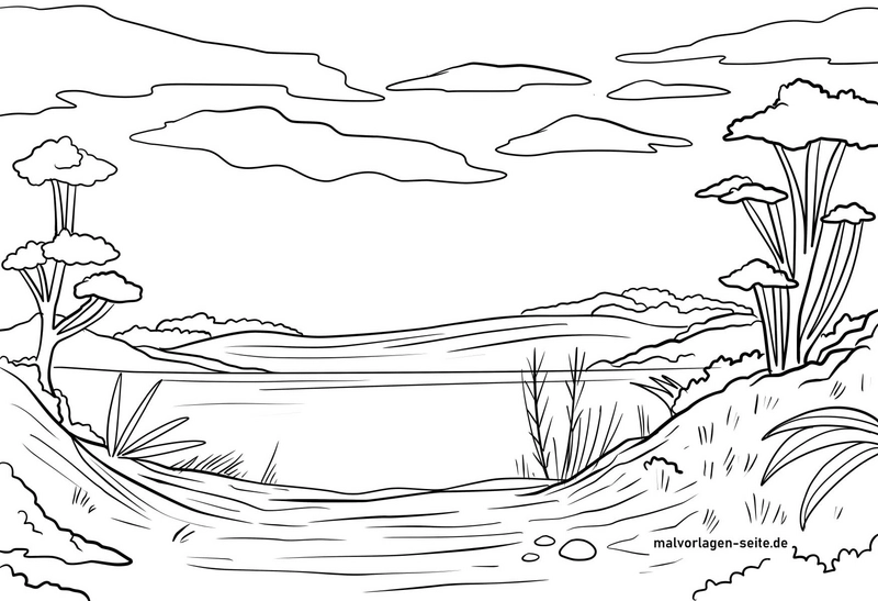 malvorlage-landschaft-am-wasser-mit-baeumen-und-himmel