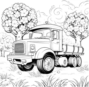 malvorlage-lastwagen-im-gruenen-mit-baeumen