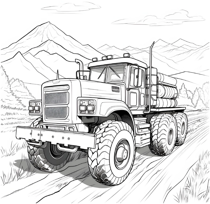 malvorlage-lastwagen-in-natur-mit-bergen-und-baeumen