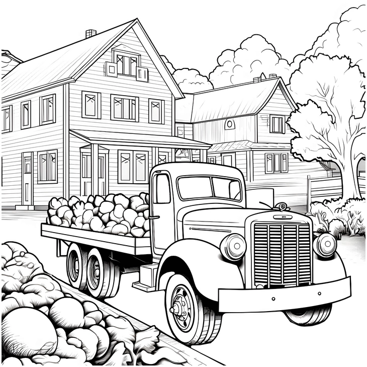 malvorlage-lastwagen-mit-gemuesebeladung-in-laendlicher-umgebung