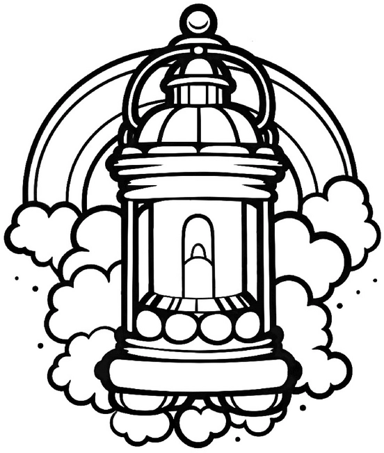 malvorlage-laterne-mit-wolken-und-regenbogen