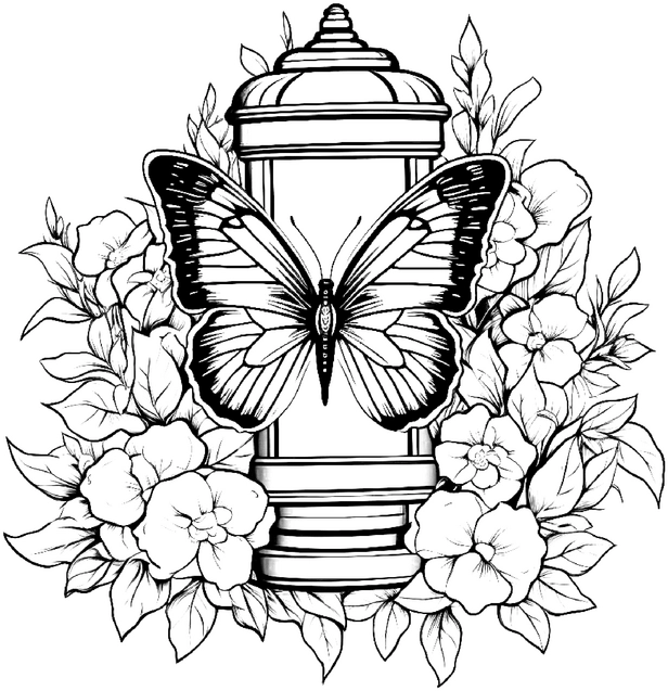 malvorlage-laterne-und-schmetterling-in-blumen