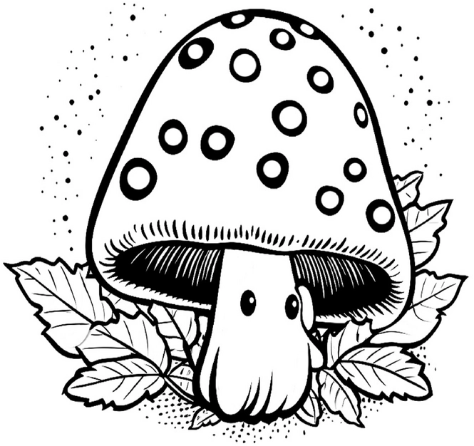 malvorlage-lebendiger-pilz-mit-punkten-und-blaettern
