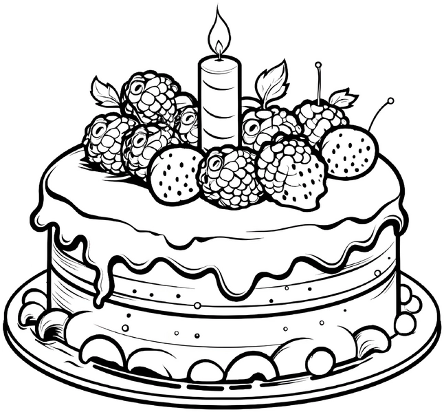 malvorlage-leckere-torte-mit-fruechten-und-kerze