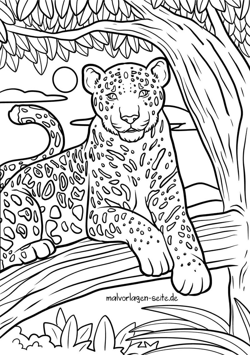 malvorlage-leopard-auf-baum-mit-landschaft