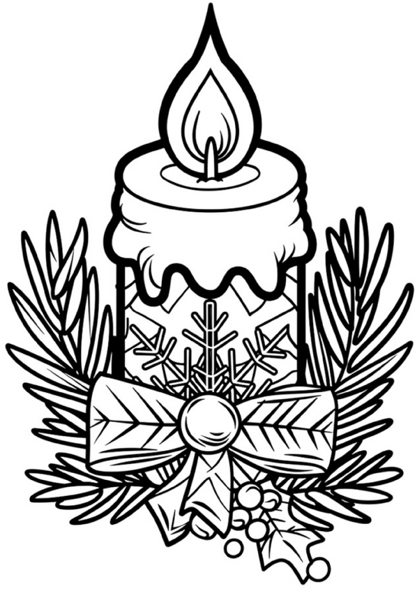 malvorlage-leuchtende-kerze-mit-tannengruen-und-schleife