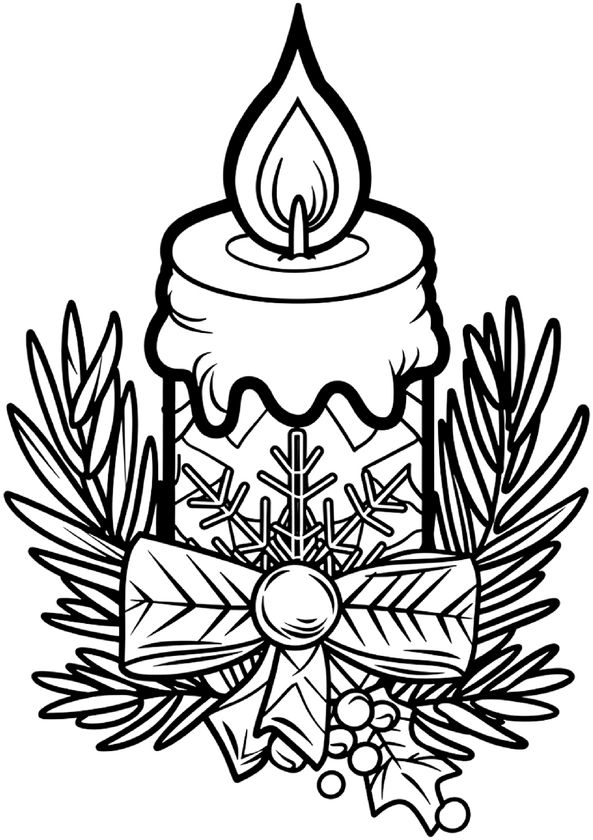 malvorlage-leuchtende-kerze-mit-tannenzweigen-und-schleife