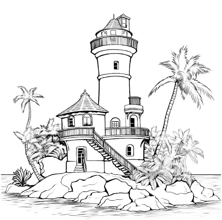 malvorlage-leuchtturm-auf-insel-mit-palmen