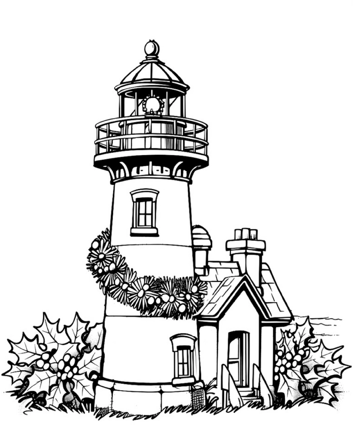 malvorlage-leuchtturm-mit-festlichem-kraenzchen