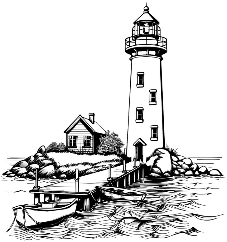 malvorlage-leuchtturm-mit-haeuschen-und-boote
