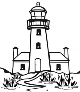 malvorlage-leuchtturm-mit-pflanzen-und-wellen