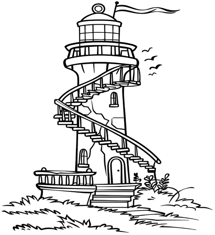 malvorlage-leuchtturm-mit-treppe-und-voegeln