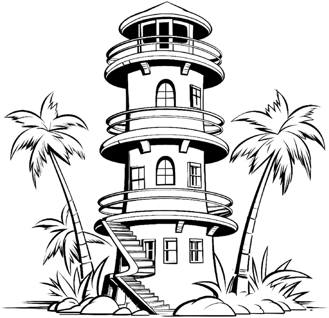 malvorlage-leuchtturm-palmensaum-und-kuestenlandschaft