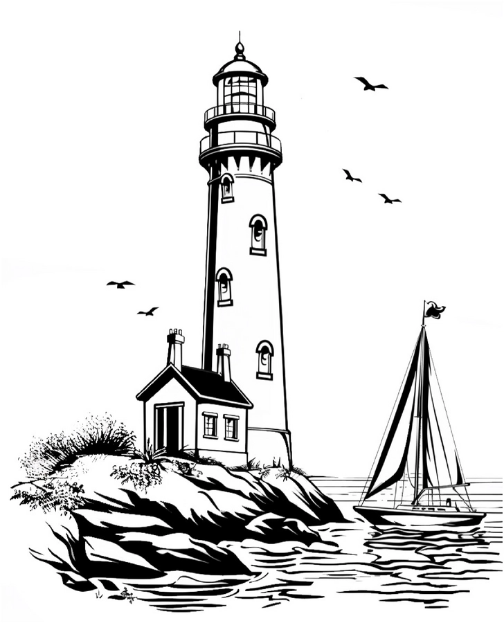 malvorlage-leuchtturm-segelboot-natur-landschaft