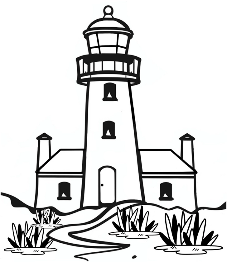 malvorlage-leuchtturm-umgeben-von-pflanzen