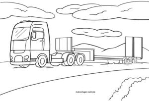 malvorlage-lkw-auf-tieflader-mit-huegeln-und-wolken