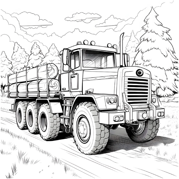 malvorlage-lkw-im-wald-mit-baumstaemmen