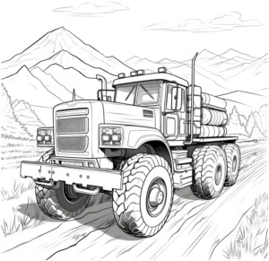 malvorlage-lkw-in-berglandschaft-mit-baumstaemmen