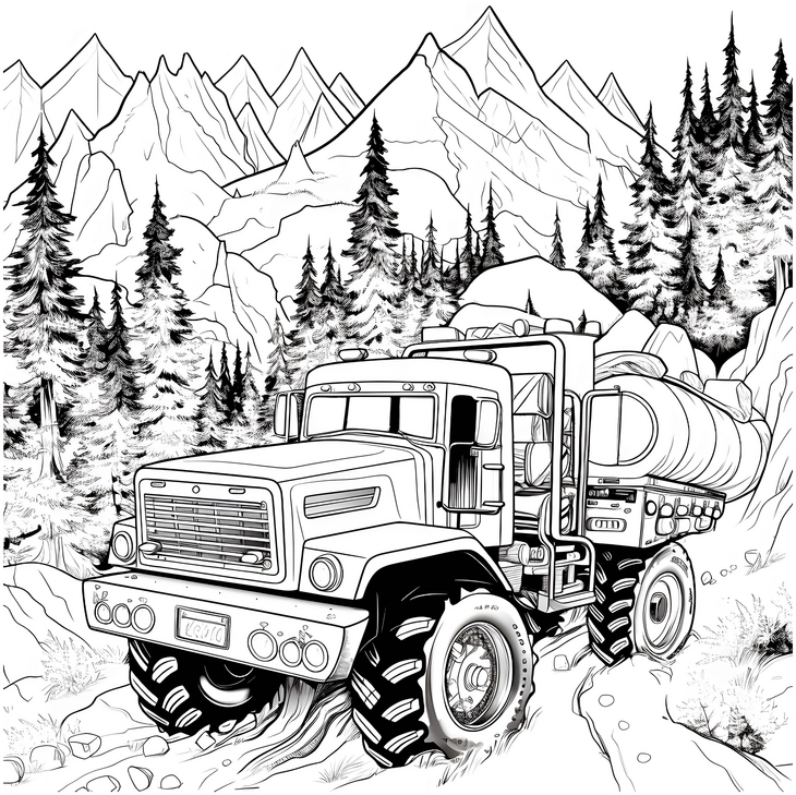 malvorlage-lkw-in-einer-gebirgslandschaft