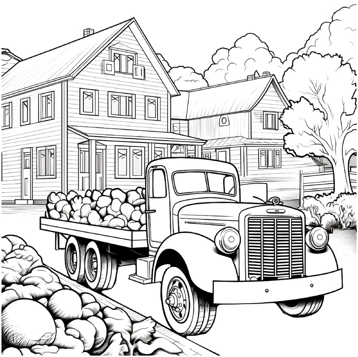 malvorlage-lkw-mit-aepfeln-in-laendlicher-szene