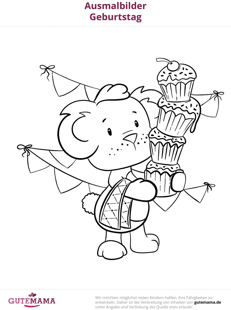 malvorlage-loewe-mit-cupcakes-geburtstag