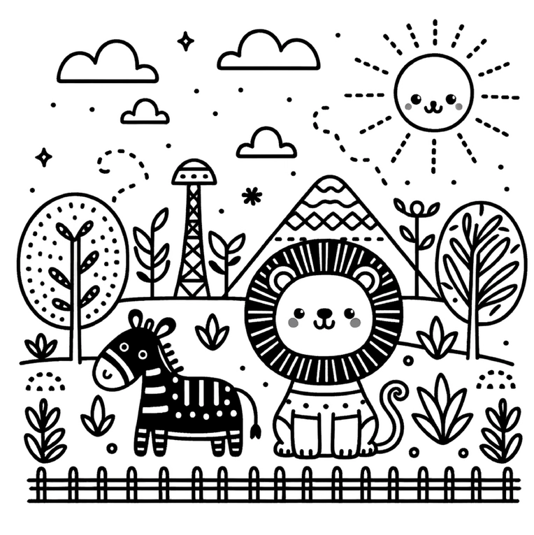 malvorlage-loewe-und-zebra-in-der-natur