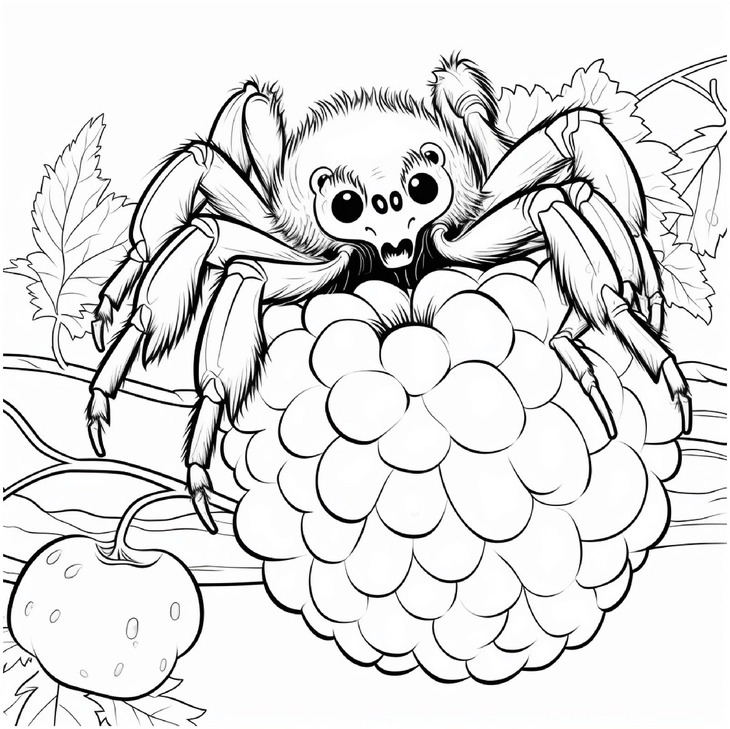 malvorlage-lustige-spinne-auf-himbeere