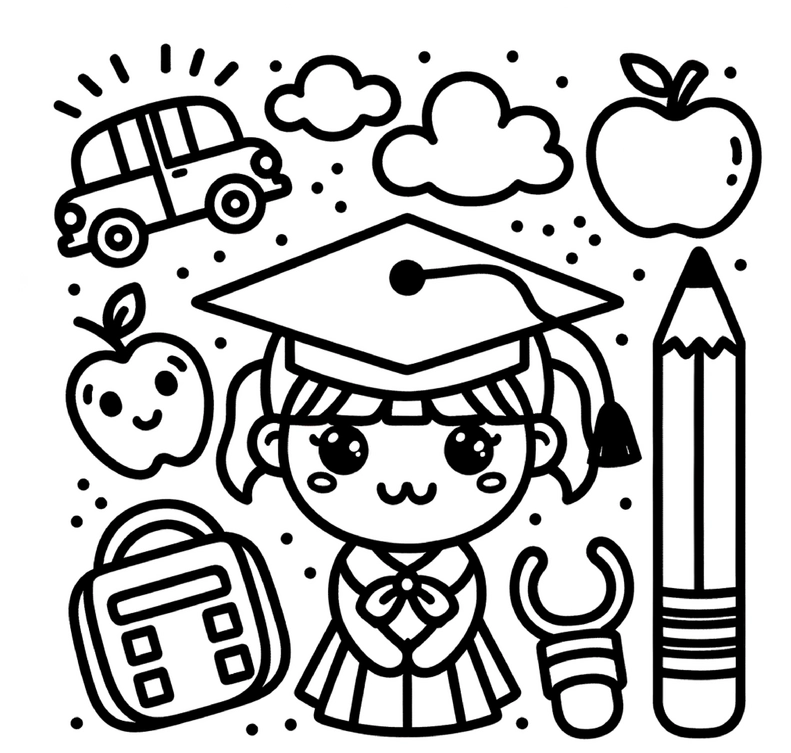 malvorlage-maedchen-abschluss-mit-schulsymbolen