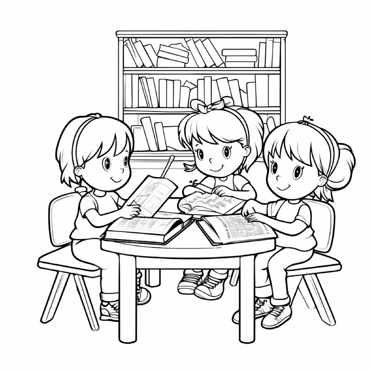 malvorlage-maedchen-beim-lesen-in-der-bibliothek