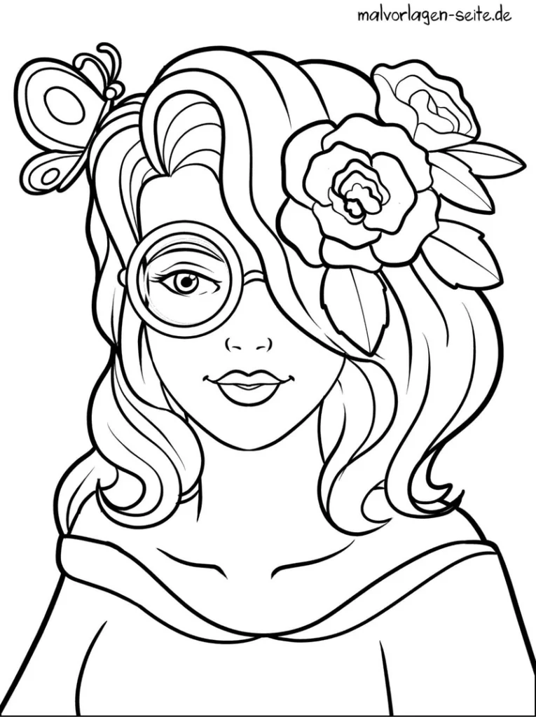 malvorlage-maedchen-blumen-schmetterling