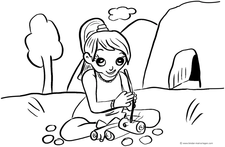 malvorlage-maedchen-feuer-machen-in-der-steinzeit