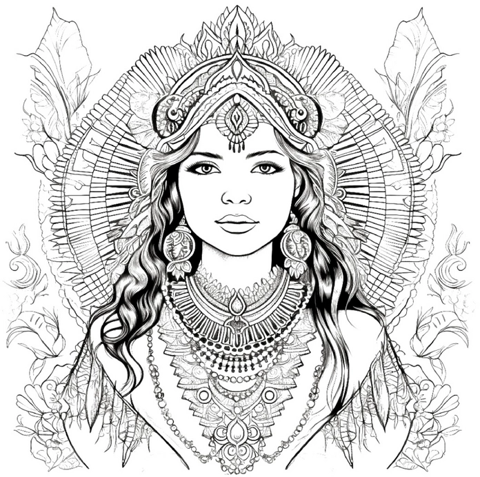 malvorlage-maedchen-im-kunstvollen-schmuckdesign