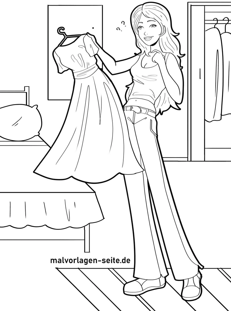 malvorlage-maedchen-kleid-im-schlafzimmer