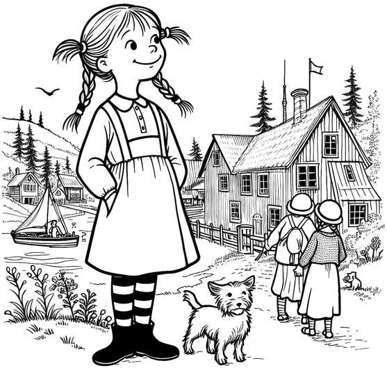 malvorlage-maedchen-mit-hund-im-dorf