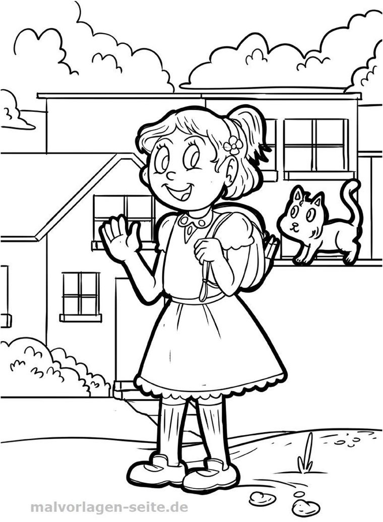 malvorlage-maedchen-mit-katze-und-haus