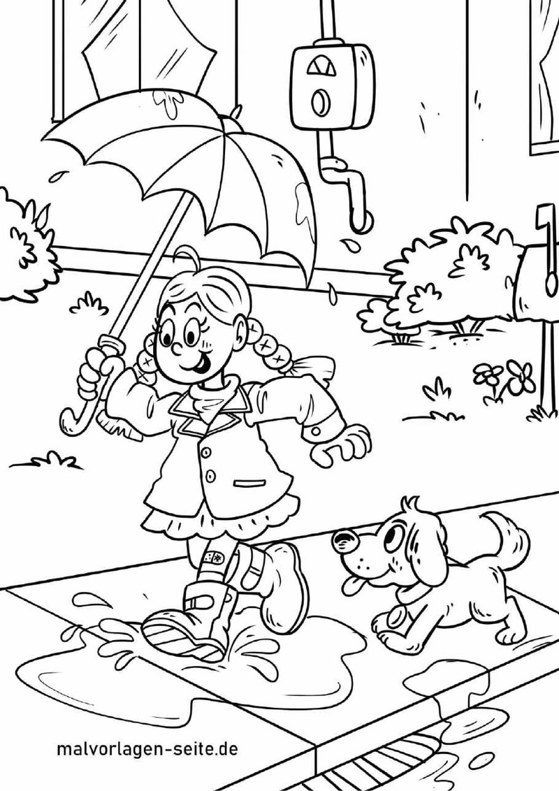 malvorlage-maedchen-regenschirm-hund-spielen