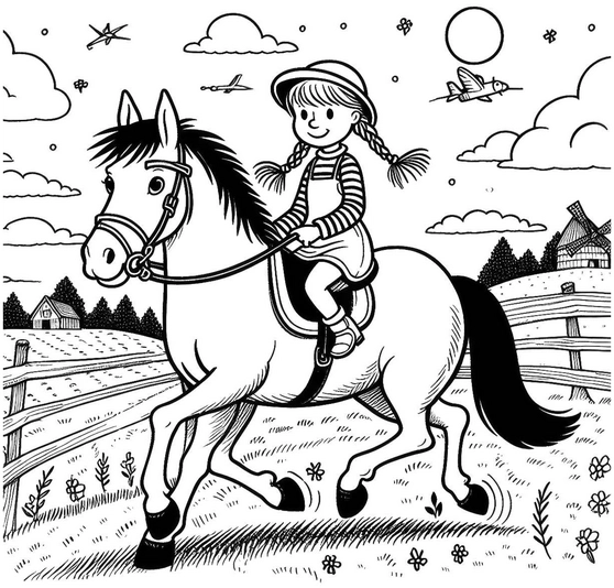 malvorlage-maedchen-reitet-pferd-in-landschaft