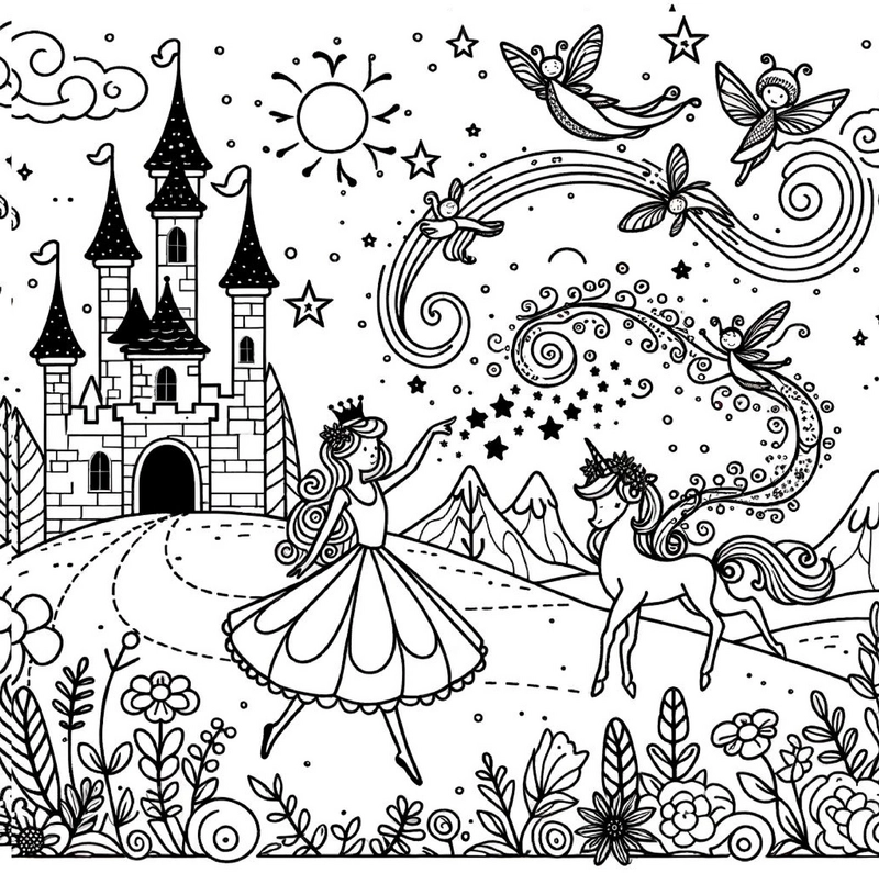 malvorlage-maerchen-mit-einhorn-und-feen