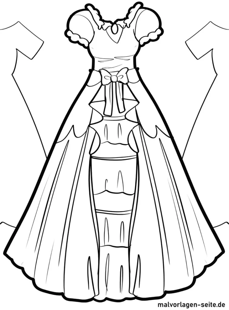 malvorlage-maerchenhaftes-kleid-mit-rueschen-und-schleife