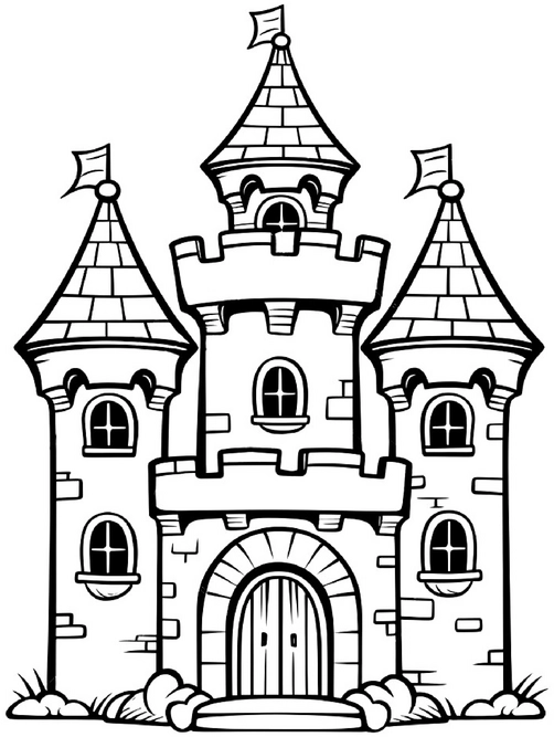 malvorlage-maerchenhaftes-schloss-mit-tuerme-und-flaggen