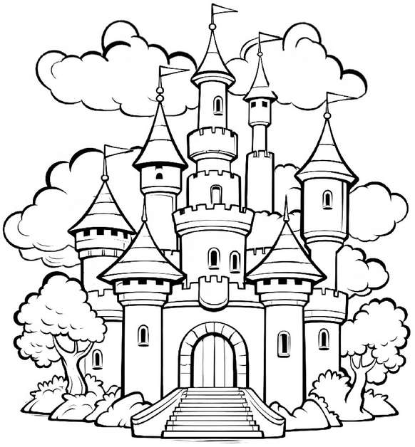 malvorlage-maerchenhaftes-schloss-mit-wolken-und-baeumen