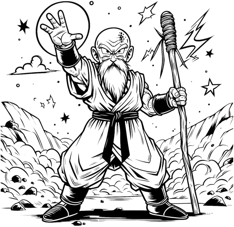 malvorlage-magier-mit-stab-in-fantastischer-umgebung