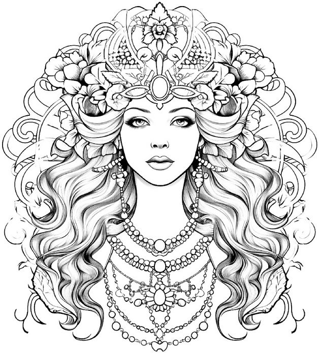 malvorlage-majestaetische-frau-mit-blumenkranz