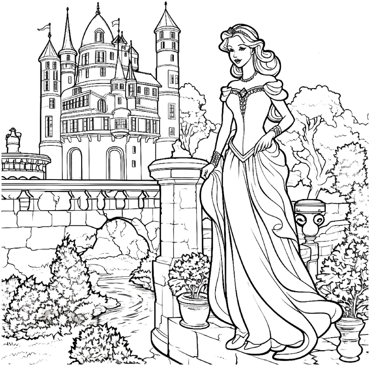 malvorlage-majestaetische-monarchin-vor-einem-schloss